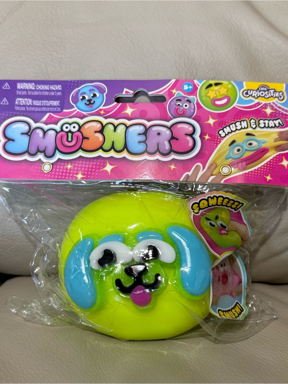 ORB Curiosities Smushers Squishy Toy Lime Green Yellow Blue Dog Face NEW